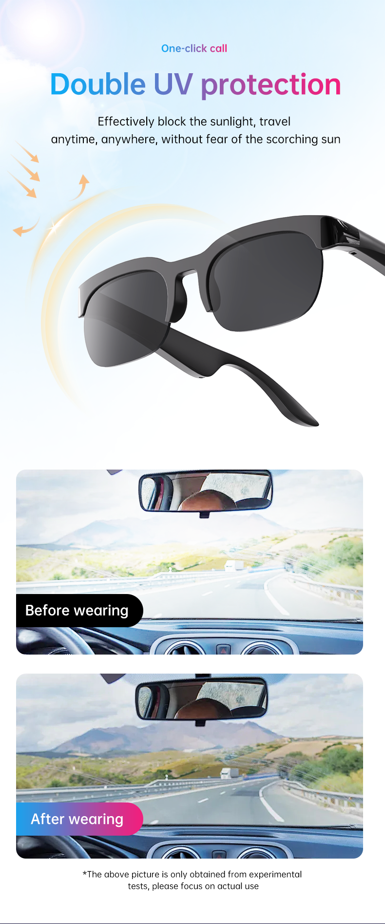 HP31Intelligent wireless multifunctional glasses Bluetooth stereo music call, talk, chat, listen to music, listen to books, work, fish, double ultraviolet protection, one-key call, long battery life.