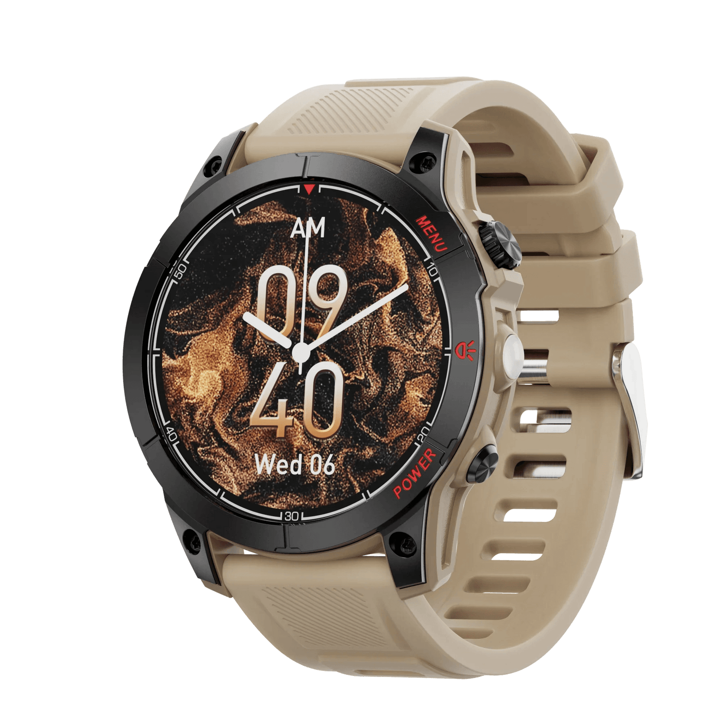 Smartwatch with beige silicone strap and black bezel displaying time 09:40 AM and date Wed 06
