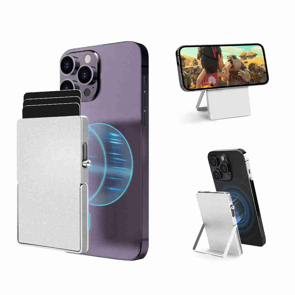 HP62 MagSafe RFID Wallet with Adjustable Stand - Minimalist Metal Pop-Up Card Holder