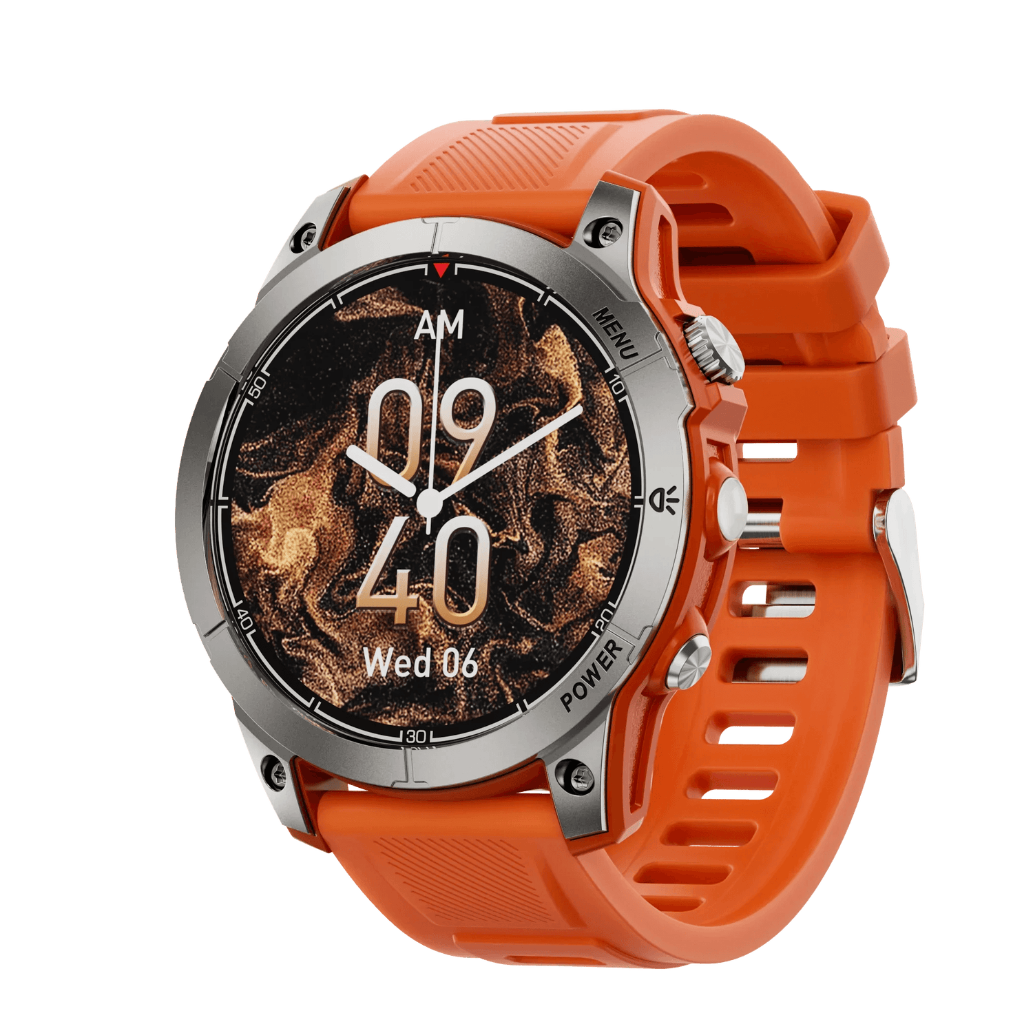 Smartwatch with orange silicone band and silver bezel showing time 09:40 AM on marble textured dial