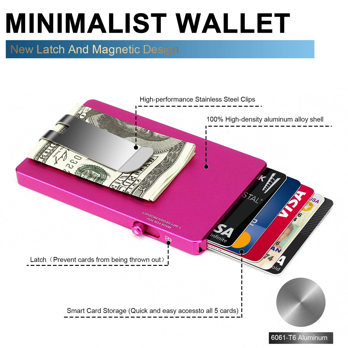 HP60 Minimalist Pop up Wallet with Money Clip, All Aluminum Slide Rfid Slim Card Holder