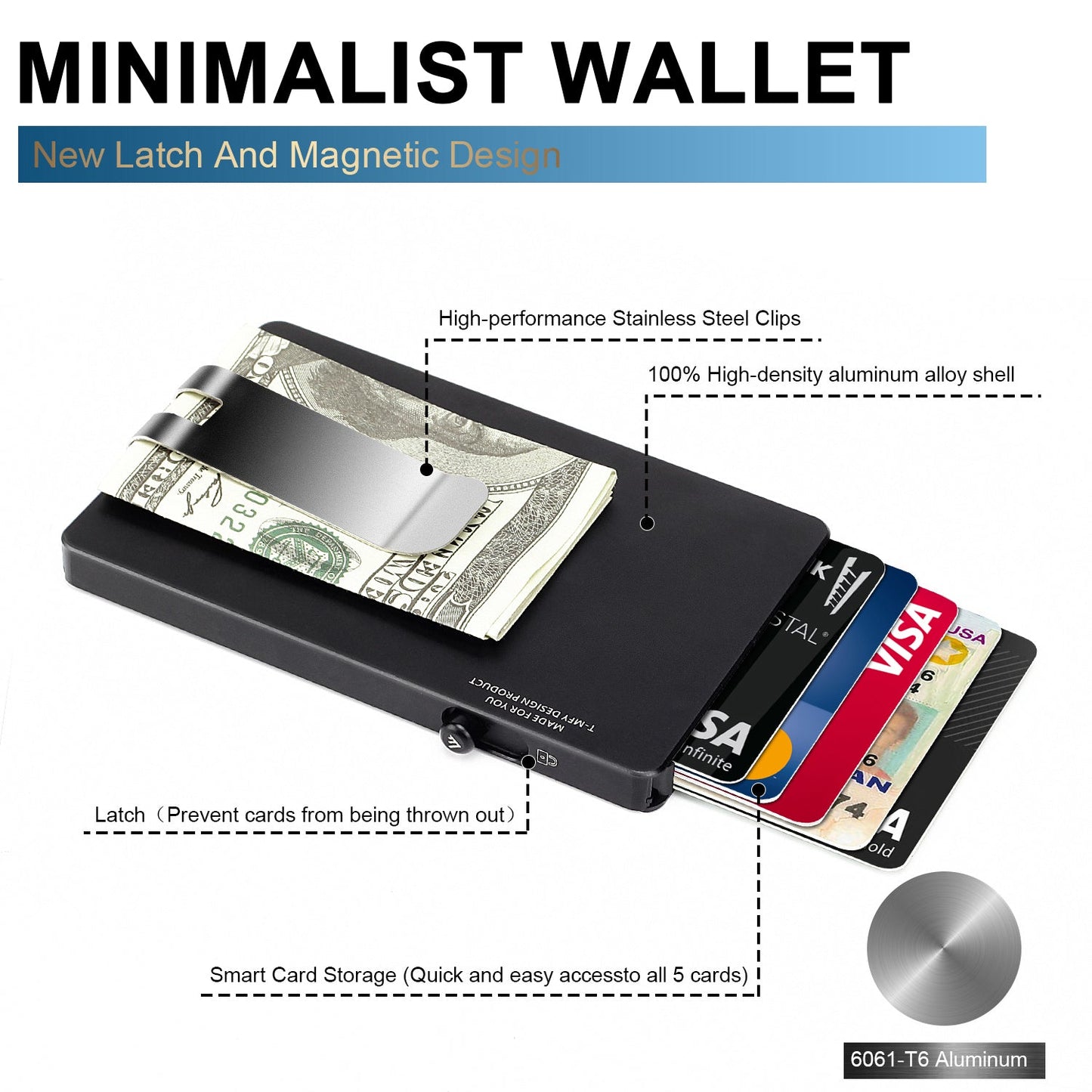 HP60 Minimalist Pop up Wallet with Money Clip, All Aluminum Slide Rfid Slim Card Holder
