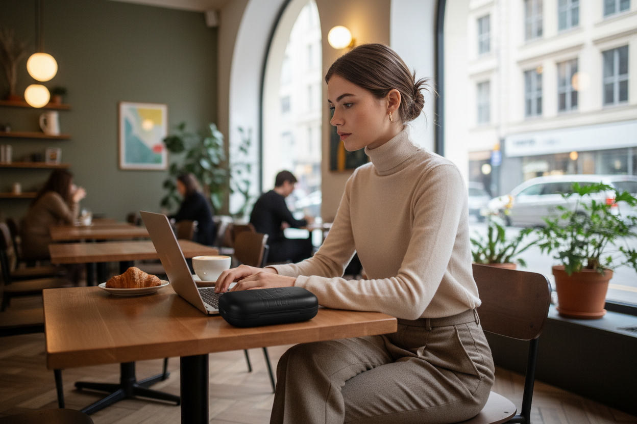 Woman working at cafe with HP40 case