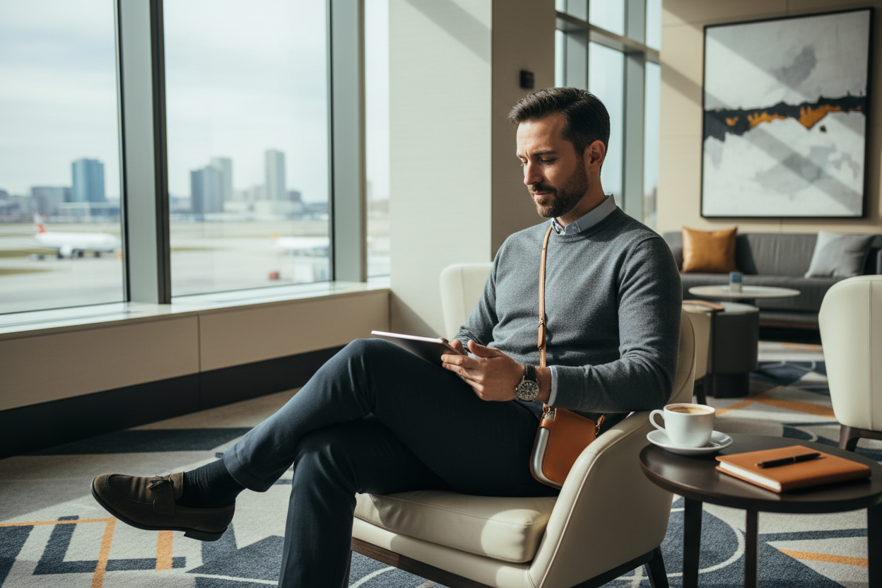 Traveler using HP40 case at airport lounge