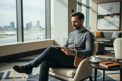 Traveler using HP40 case at airport lounge