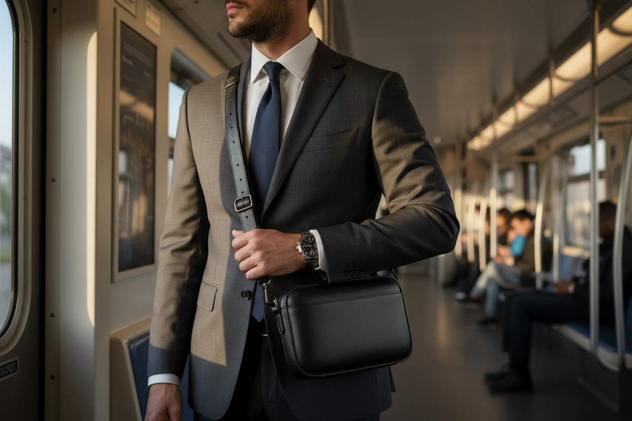 Professional businessman using HP41 leather case during commute