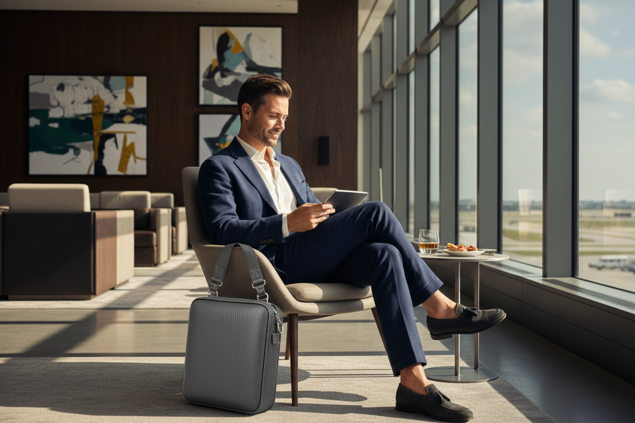 Male traveler using HP41 case at airport lounge