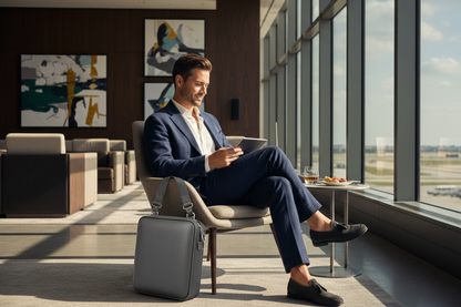 Male traveler using HP41 case at airport lounge
