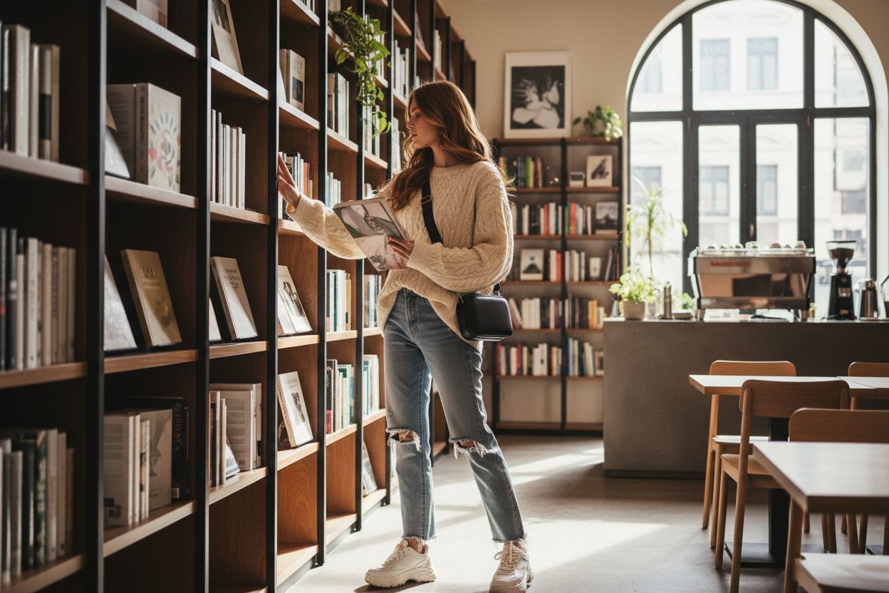 Fashionable woman with HP41 case at bookstore