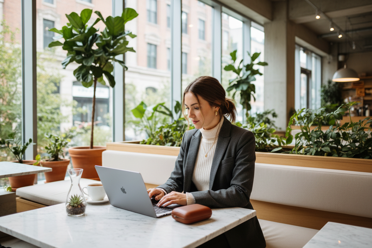 Woman working at cafe with HP41 case