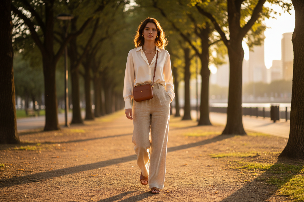 Woman walking in park with HP40 crossbody case
