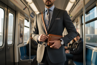 Professional businessman using HP40 leather case during commute